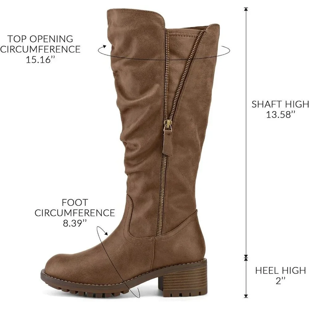 Women's Brown Mysoft Knee High Boots Chunky Heel Lug Sole Side Zipper 2 Inch